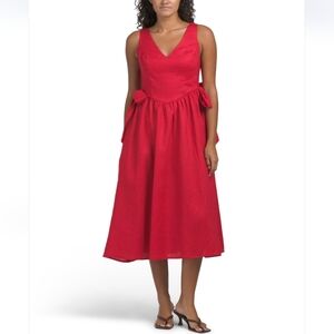 Sofie The Label Women's Red Linen Blend Drop Waist V Neck Midi Dress